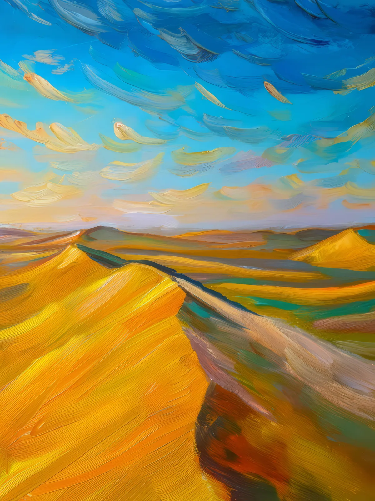 Golden Desert Dunes, a palette-knife oil landscape by Emma Mickelberg
