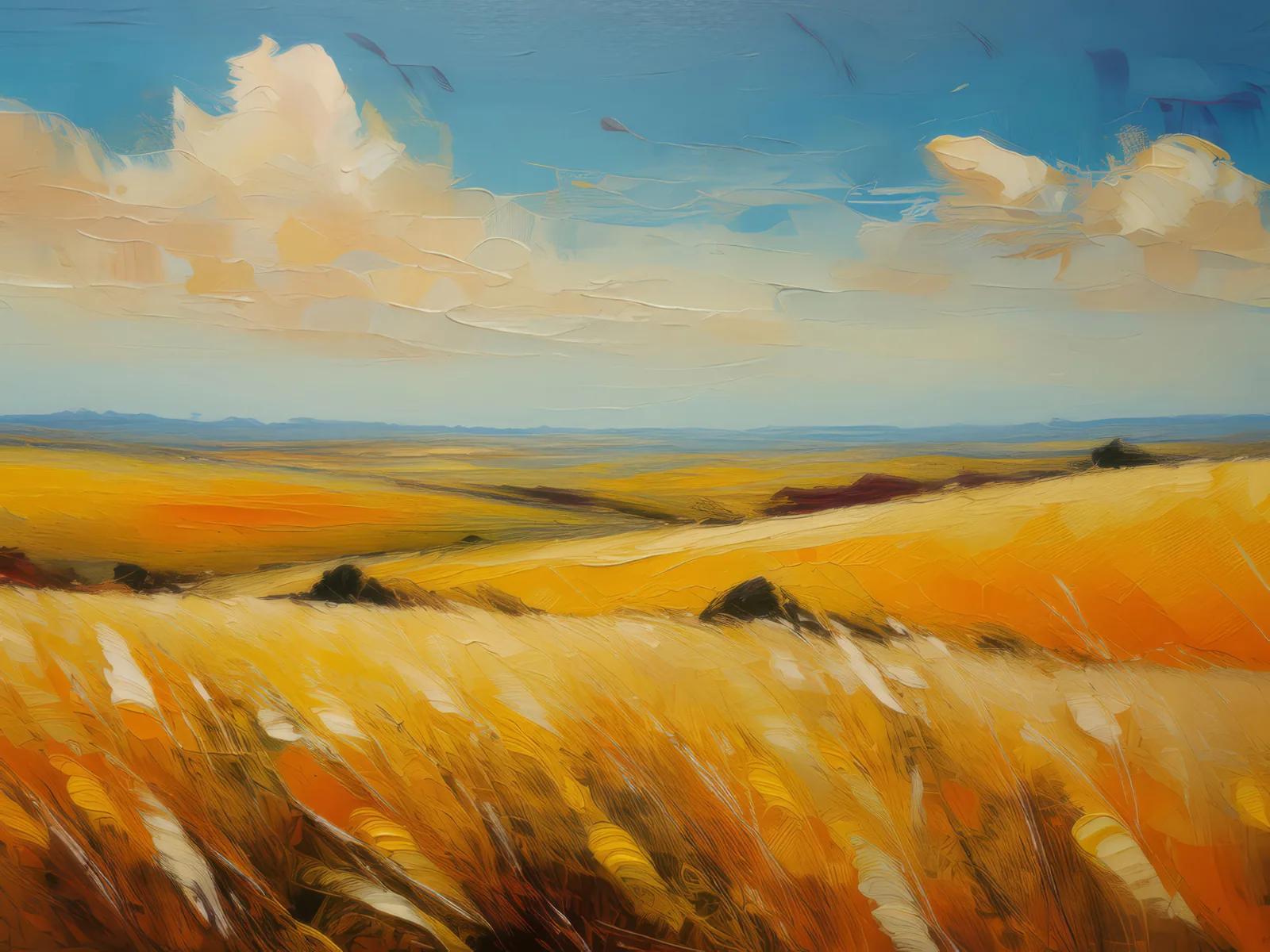 Golden Grassland Horizon, a palette-knife oil landscape by Emma Mickelberg