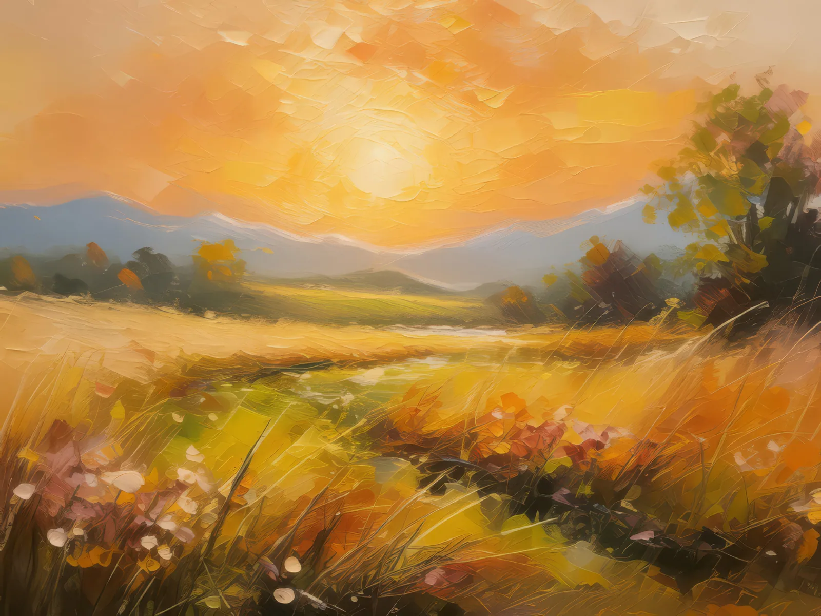 Golden Grassland Sunrise, a palette-knife oil landscape by Emma Mickelberg