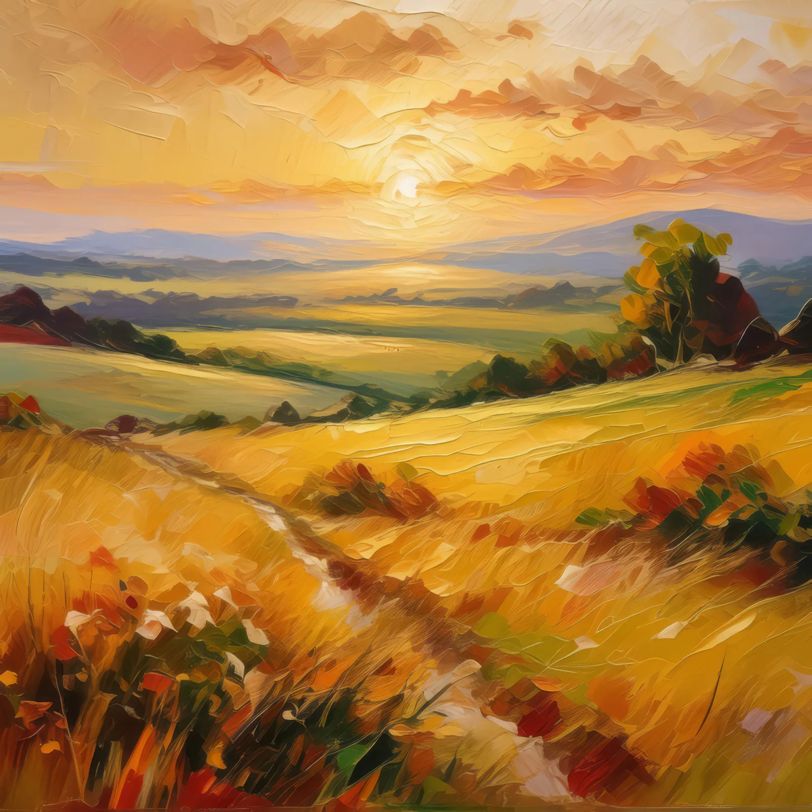 Golden Grassland Sunset, a palette-knife oil landscape by Emma Mickelberg