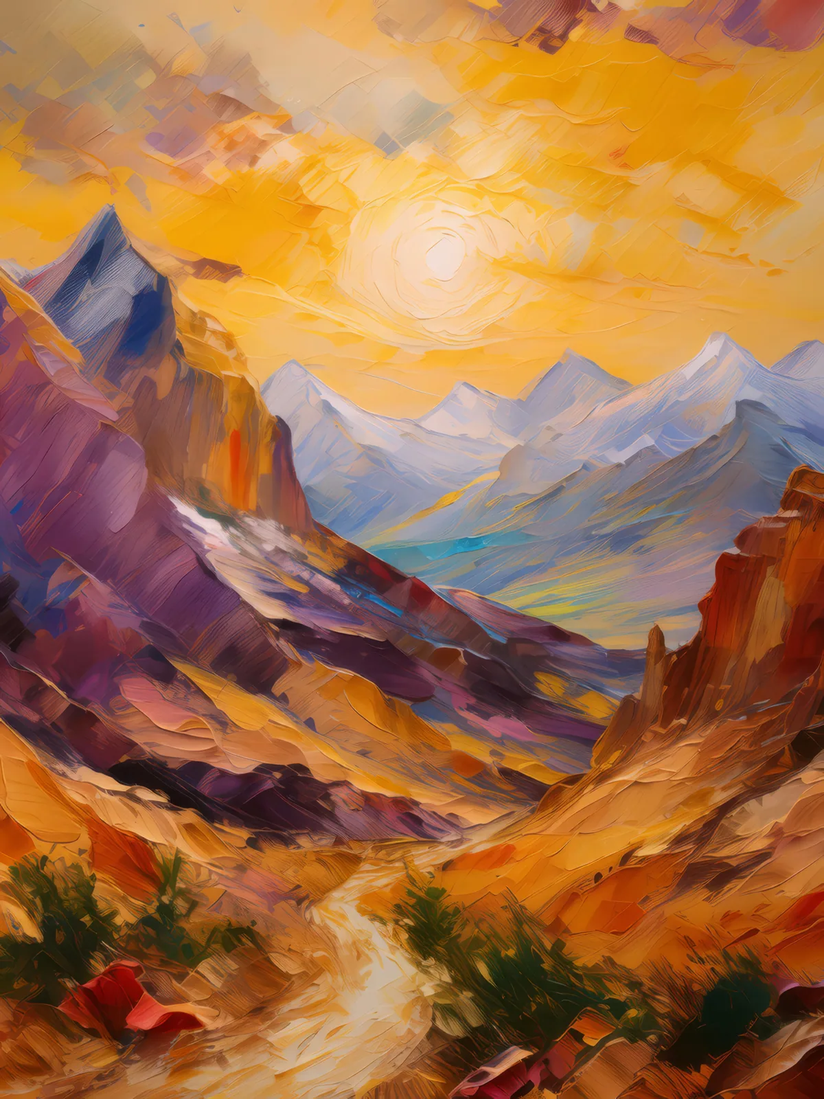 Golden Hour Alpine Desert, a palette-knife oil landscape by Emma Mickelberg