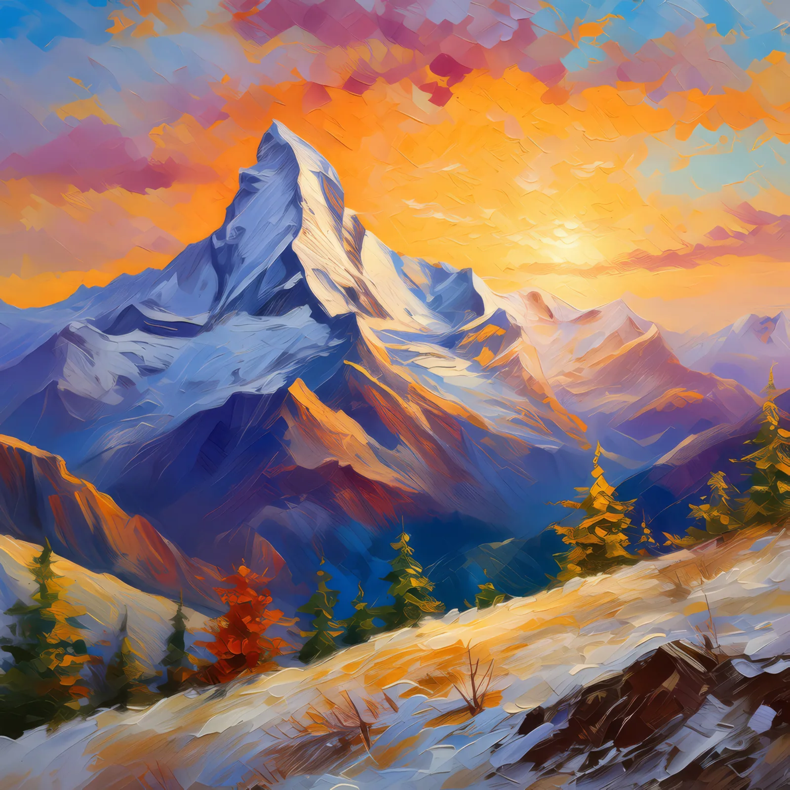 Golden Hour Alpine Peaks, a palette-knife oil landscape by Emma Mickelberg