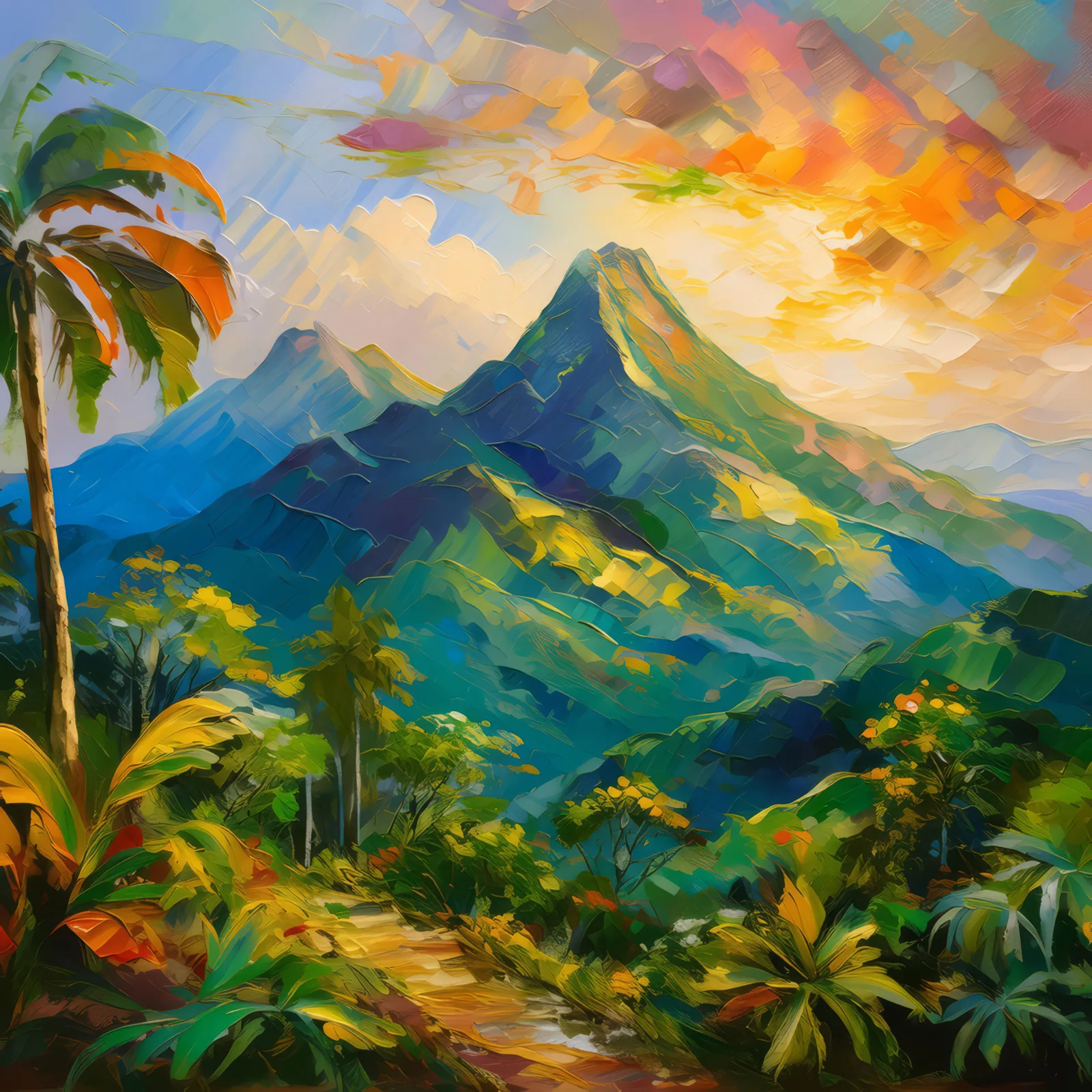 Golden Hour at Tropical Range, a palette-knife oil landscape by Emma Mickelberg