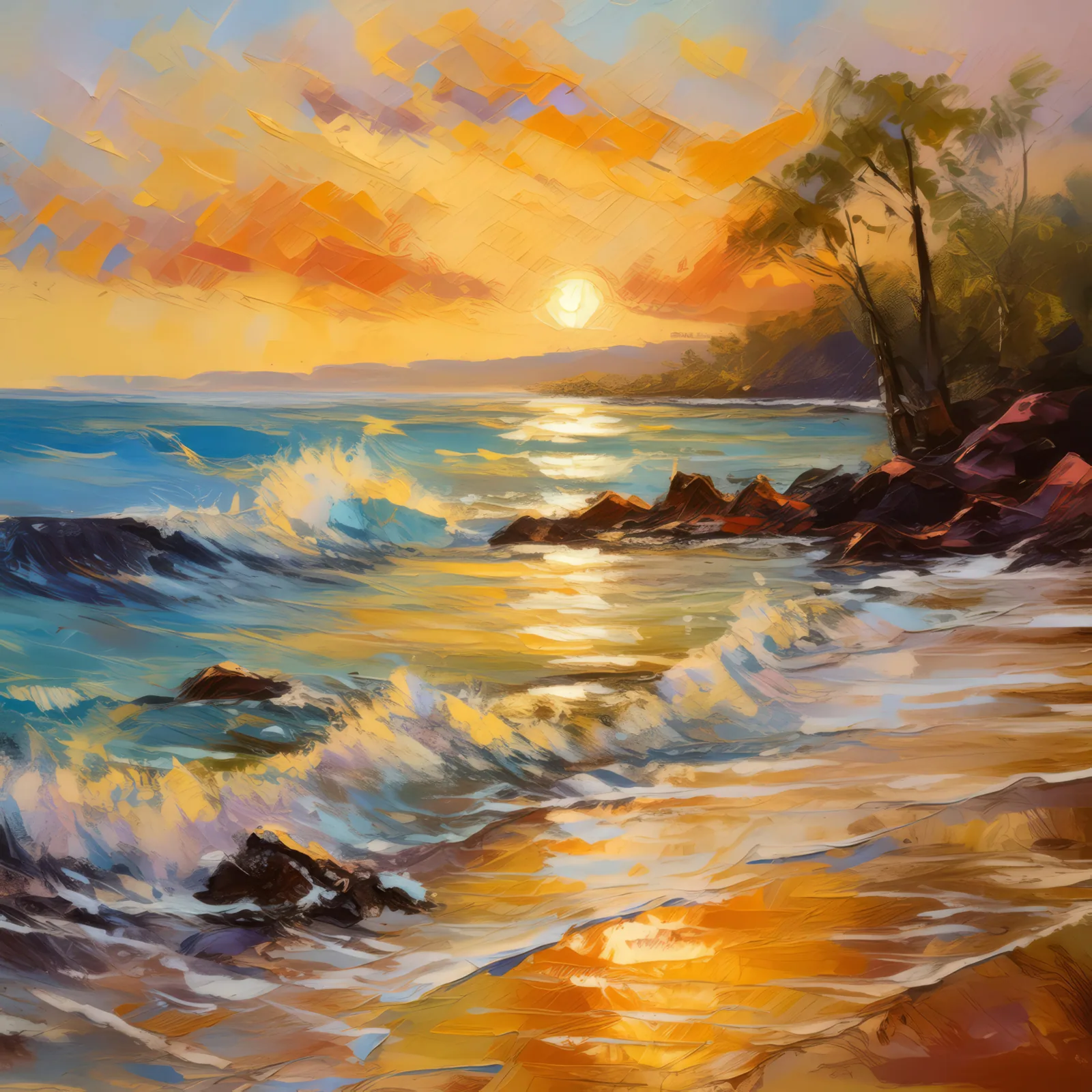 Golden Hour Beach, a palette-knife oil landscape by Emma Mickelberg