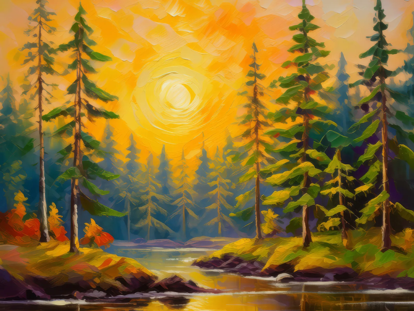 Golden Hour Boreal Forest, a palette-knife oil landscape by Emma Mickelberg