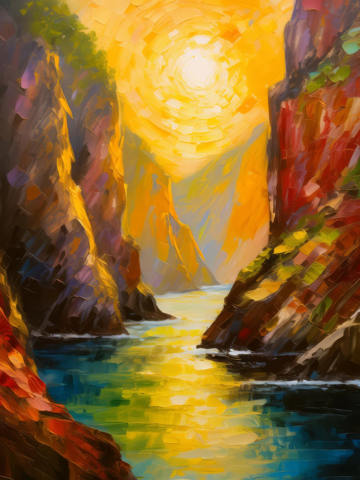 Golden Hour Chasm, a palette-knife oil landscape by Emma Mickelberg