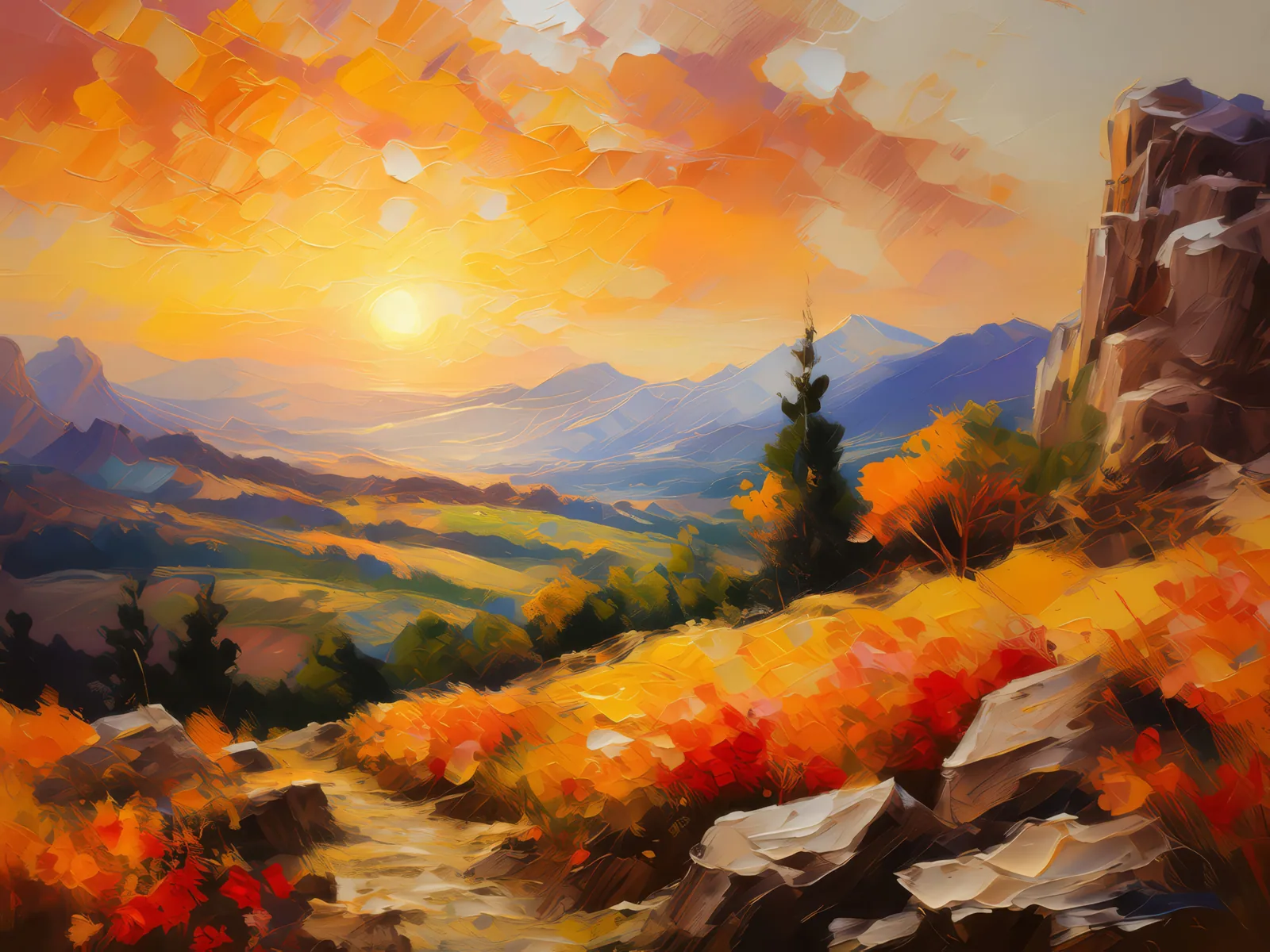 Golden Hour Crag, a palette-knife oil landscape by Emma Mickelberg