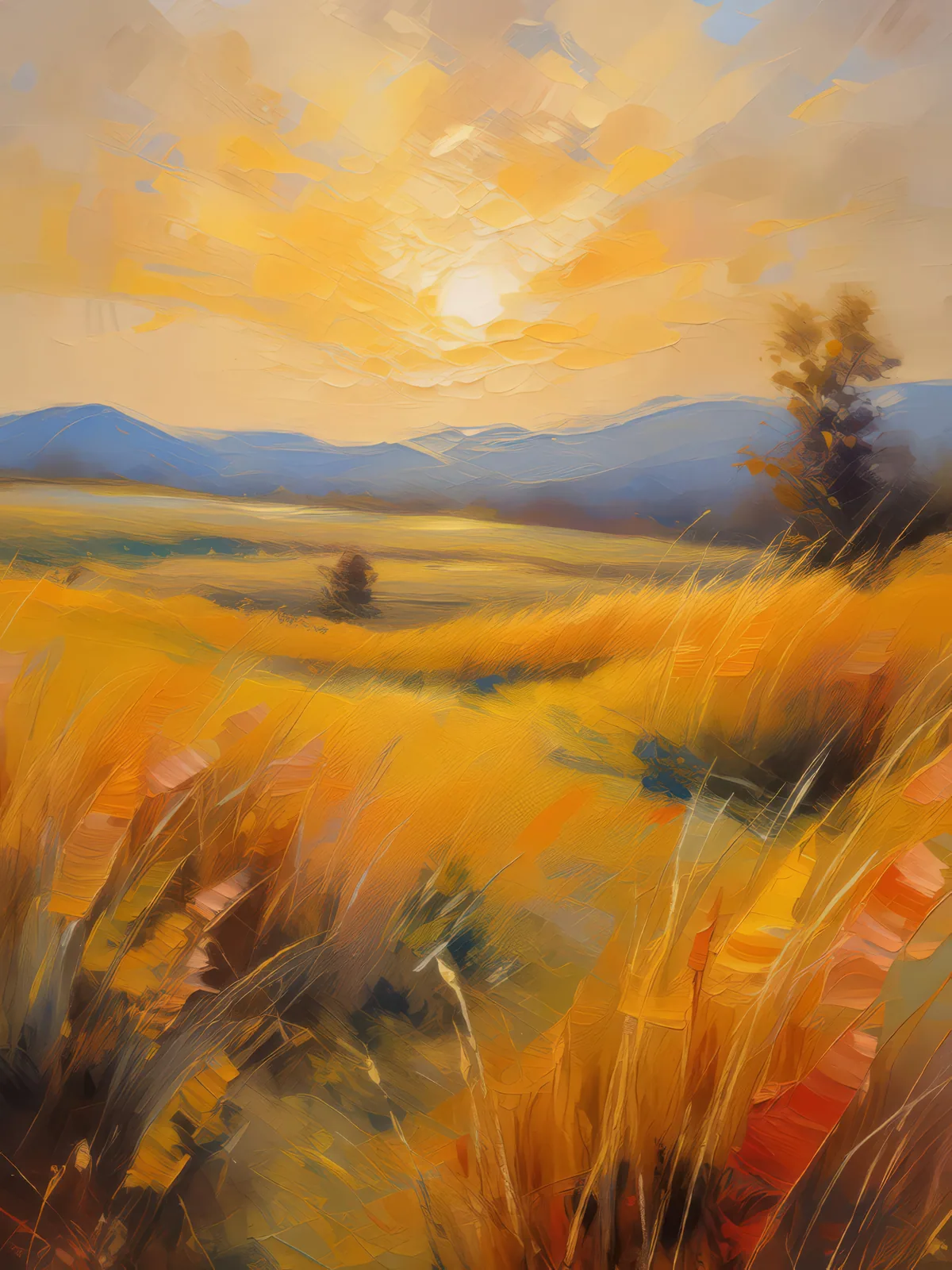 Golden Hour Grassland, a palette-knife oil landscape by Emma Mickelberg