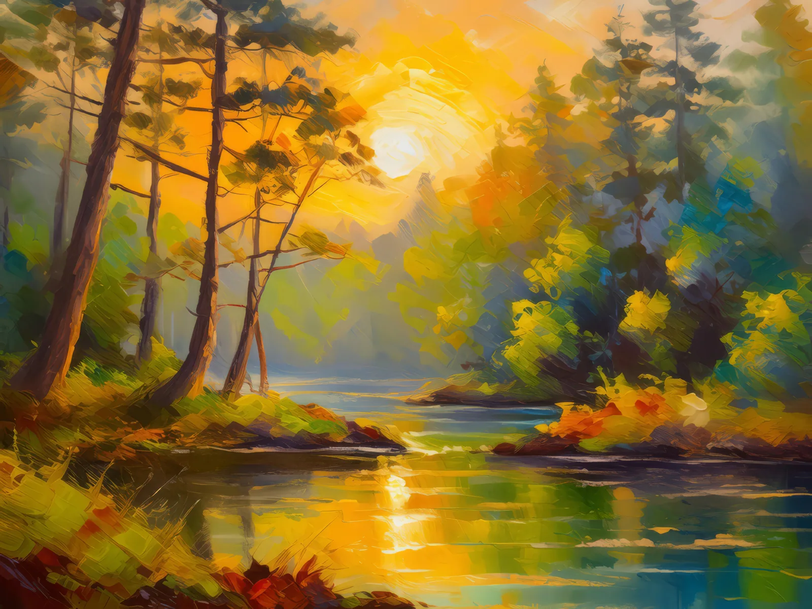 Golden Hour in Forest, a palette-knife oil landscape by Emma Mickelberg