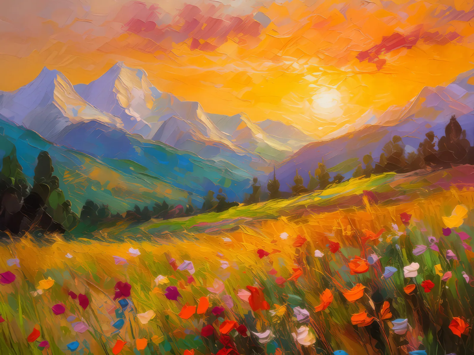 Golden Hour in the Alps, a palette-knife oil landscape by Emma Mickelberg