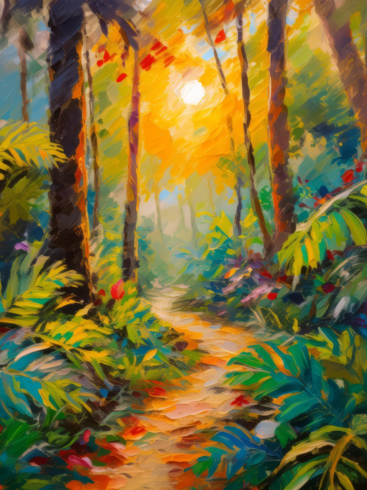 Golden Hour Jungle Path, a palette-knife oil landscape by Emma Mickelberg