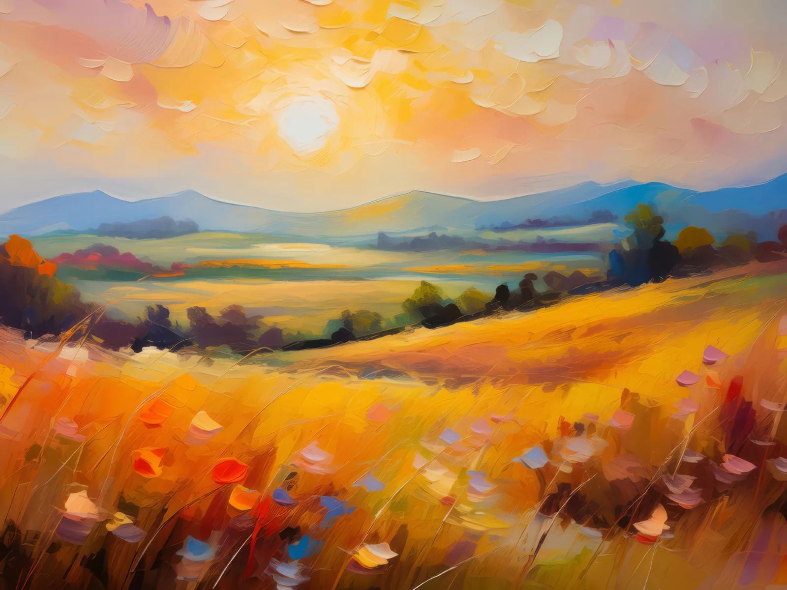 Golden Hour on Grassland, a palette-knife oil landscape by Emma Mickelberg