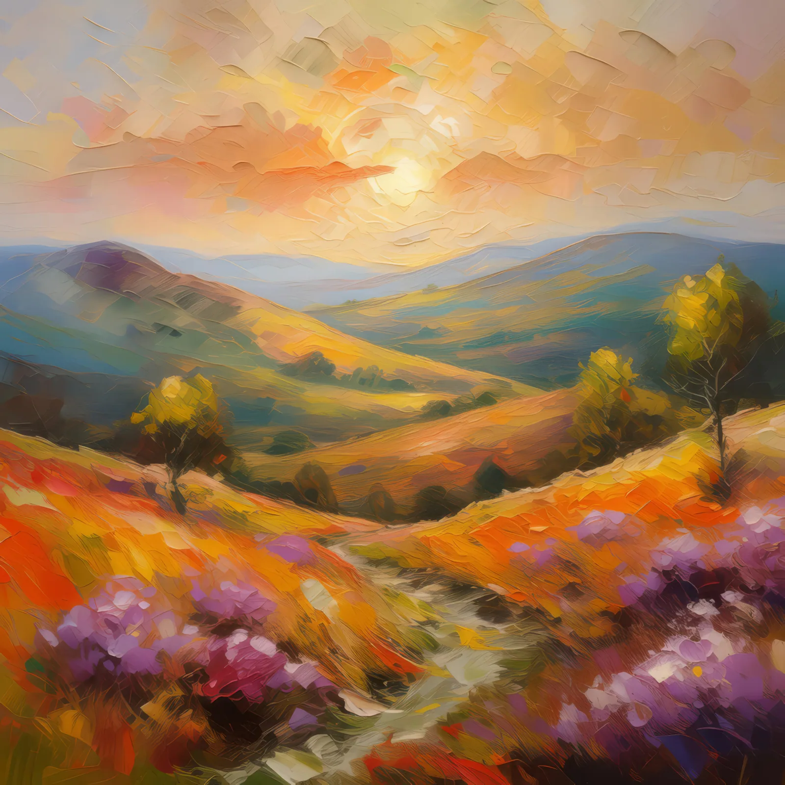 Golden Hour on Moor, a palette-knife oil landscape by Emma Mickelberg