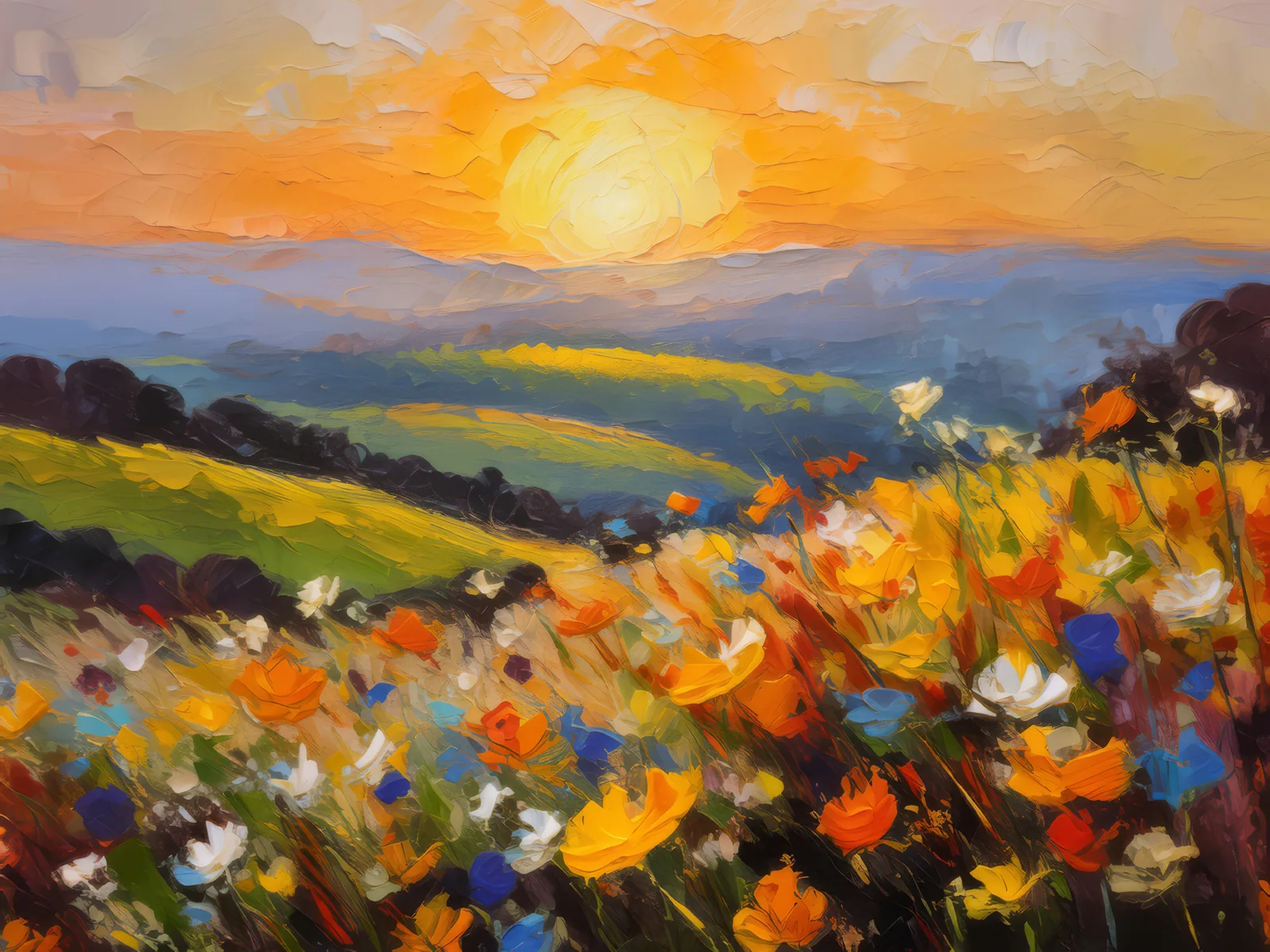 Golden Hour on Rolling Hill, a palette-knife oil landscape by Emma Mickelberg