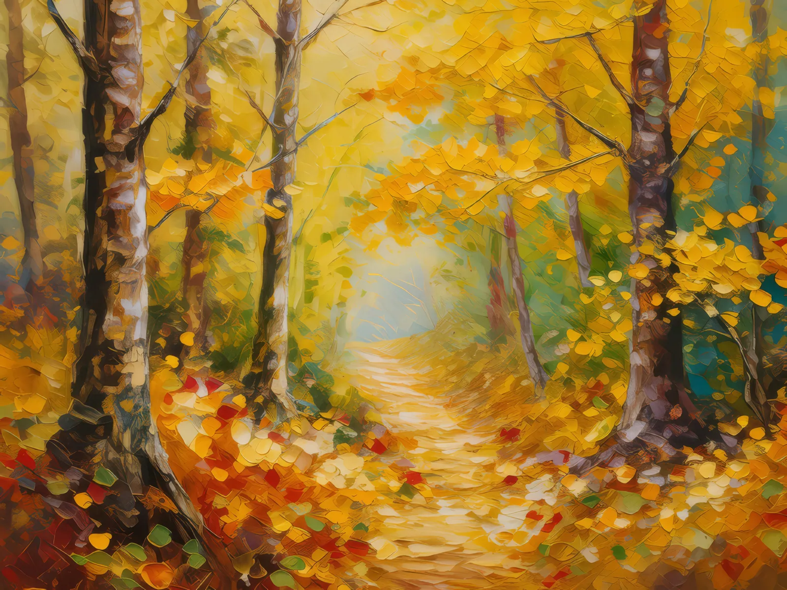 Golden Leaves Trail, a palette-knife oil landscape by Emma Mickelberg