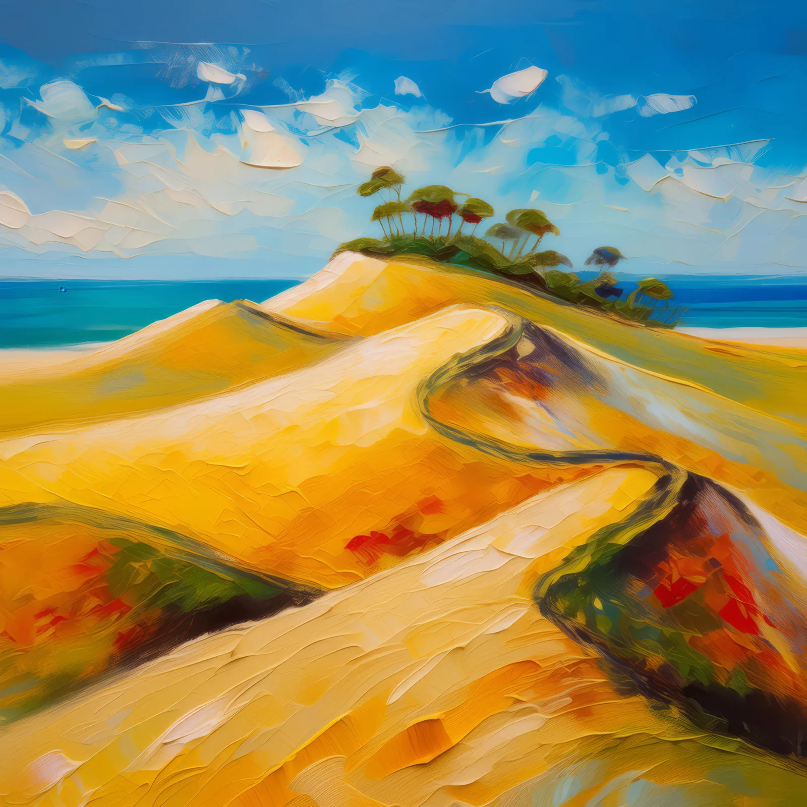 Golden Sand Dunes Island, a palette-knife oil landscape by Emma Mickelberg