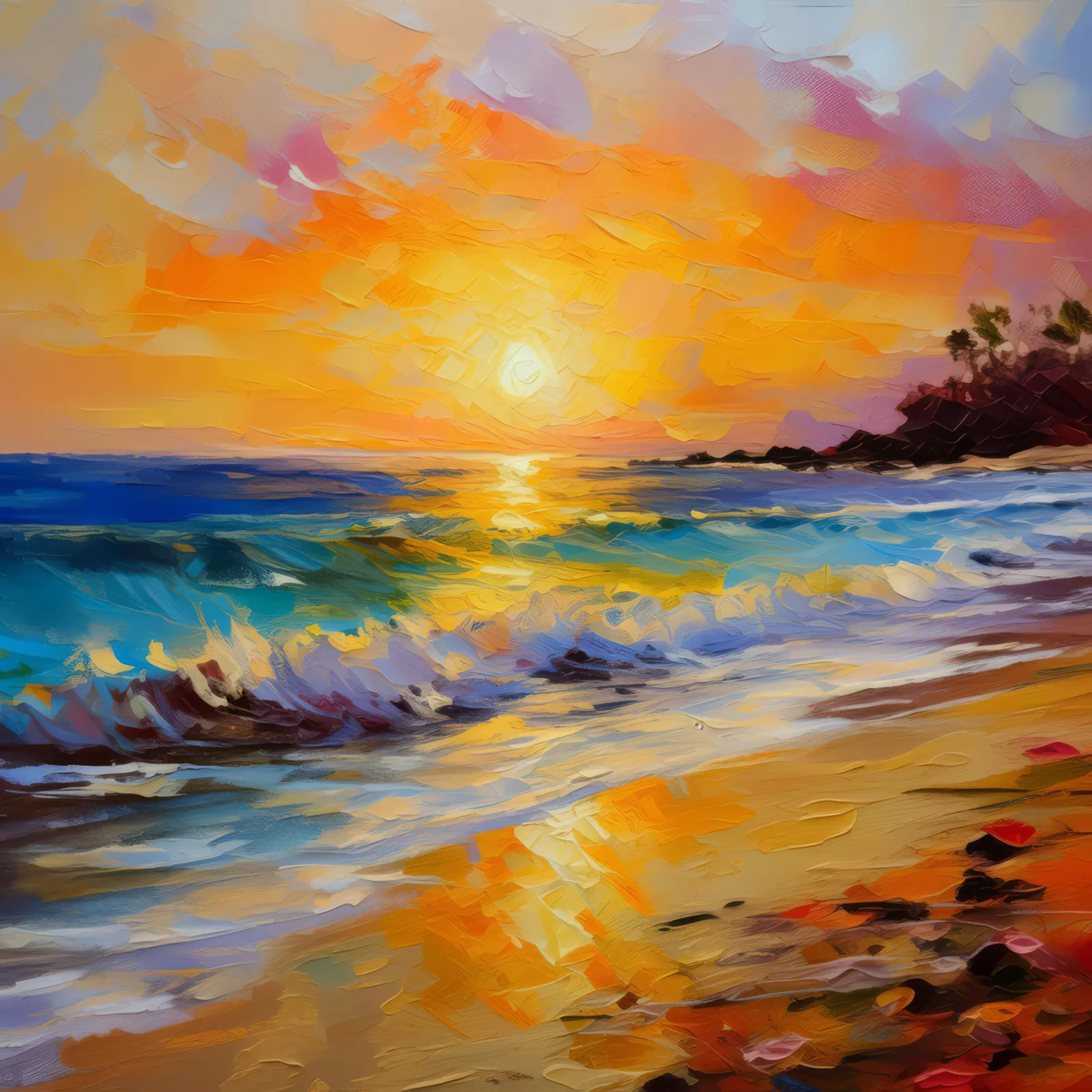 Golden Sands Sunset, a palette-knife oil landscape by Emma Mickelberg