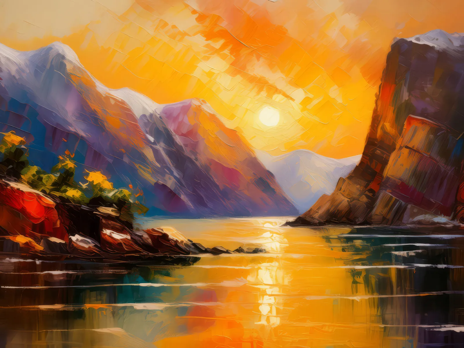 Golden Sunset Along the Fjord, a palette-knife oil landscape by Emma Mickelberg