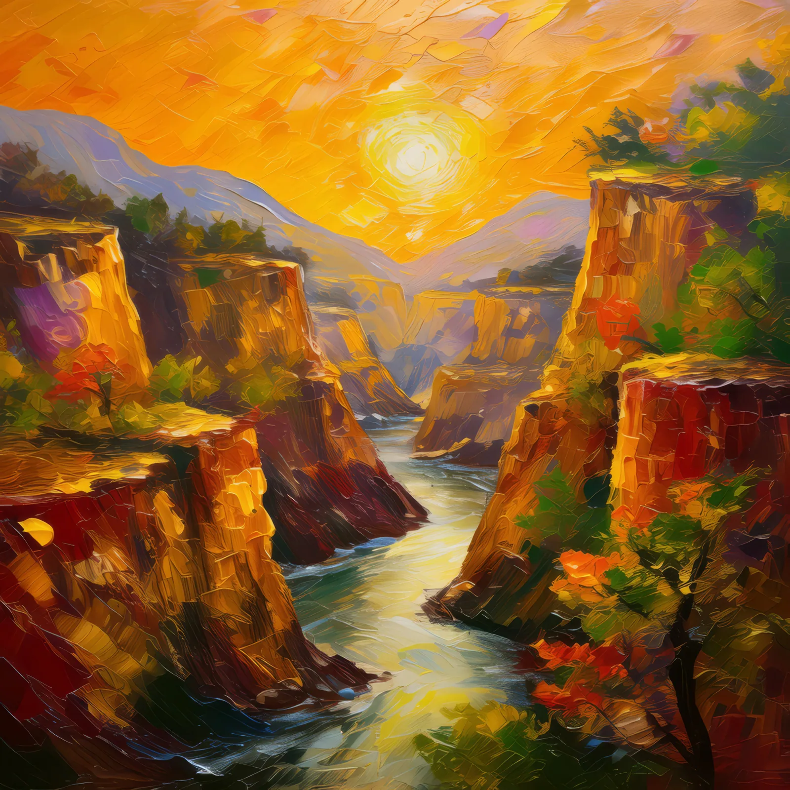 Golden Sunset Chasm, a palette-knife oil landscape by Emma Mickelberg