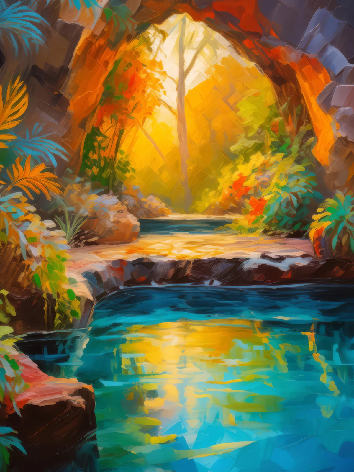 Golden Sunset Grotto, a palette-knife oil landscape by Emma Mickelberg
