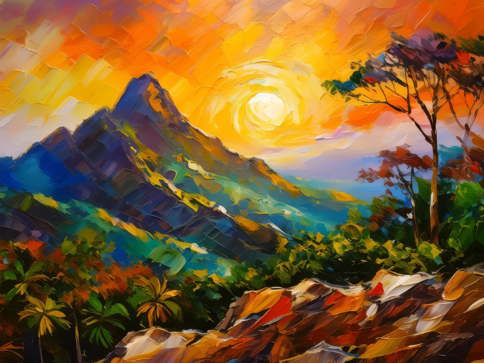 Golden Sunset Mountain Scene, a palette-knife oil landscape by Emma Mickelberg