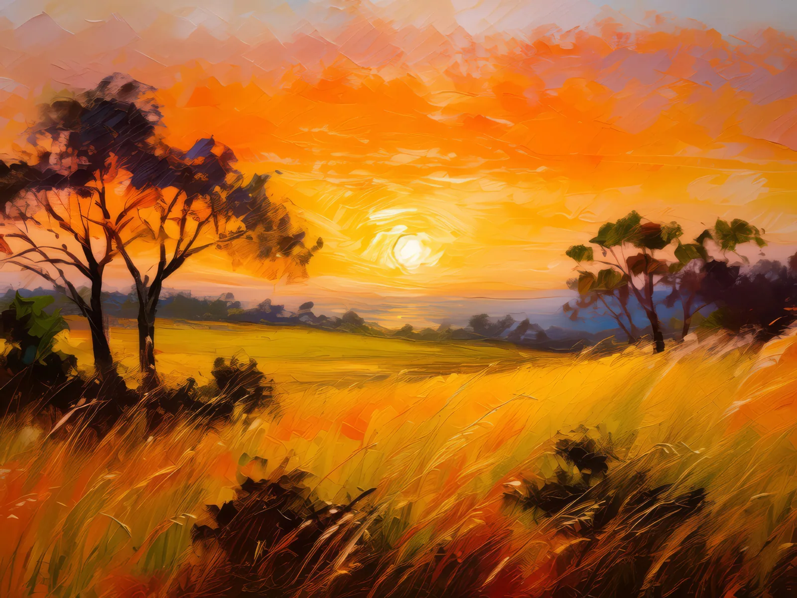 Golden Sunset over Grassland, a palette-knife oil landscape by Emma Mickelberg