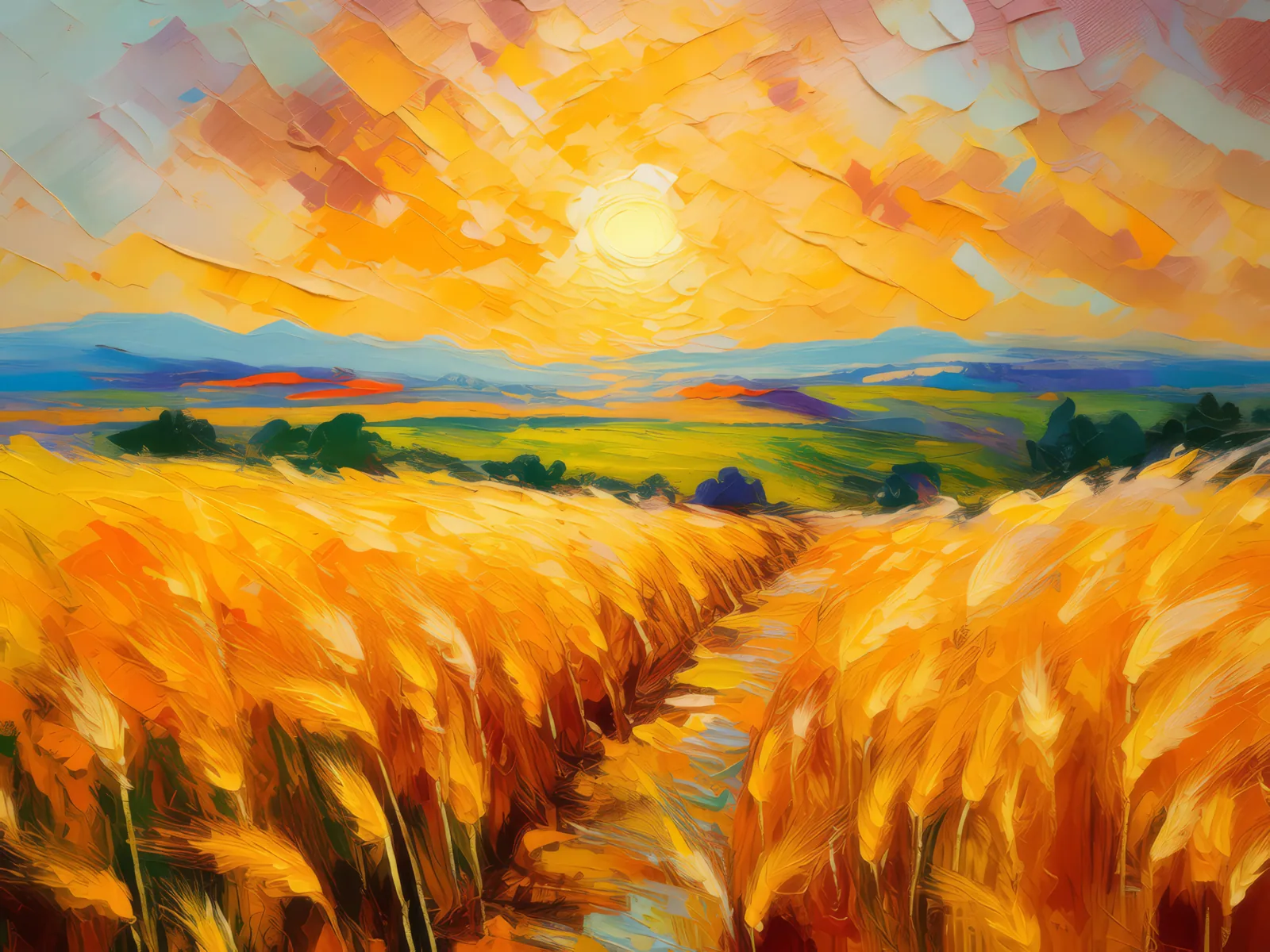 Golden Wheat Field at Sunset, a palette-knife oil landscape by Emma Mickelberg