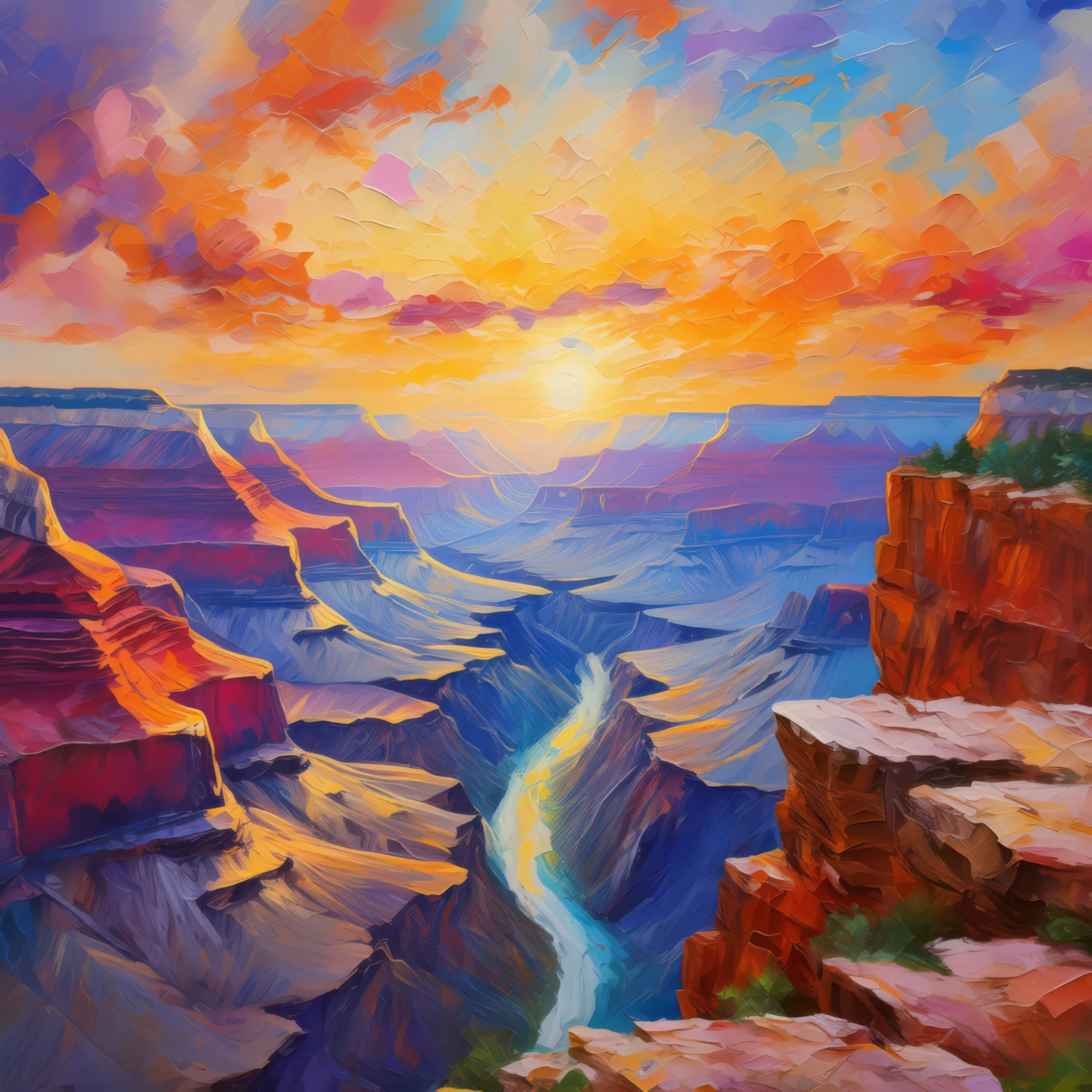 Grand Canyon Sunset, a palette-knife oil landscape by Emma Mickelberg
