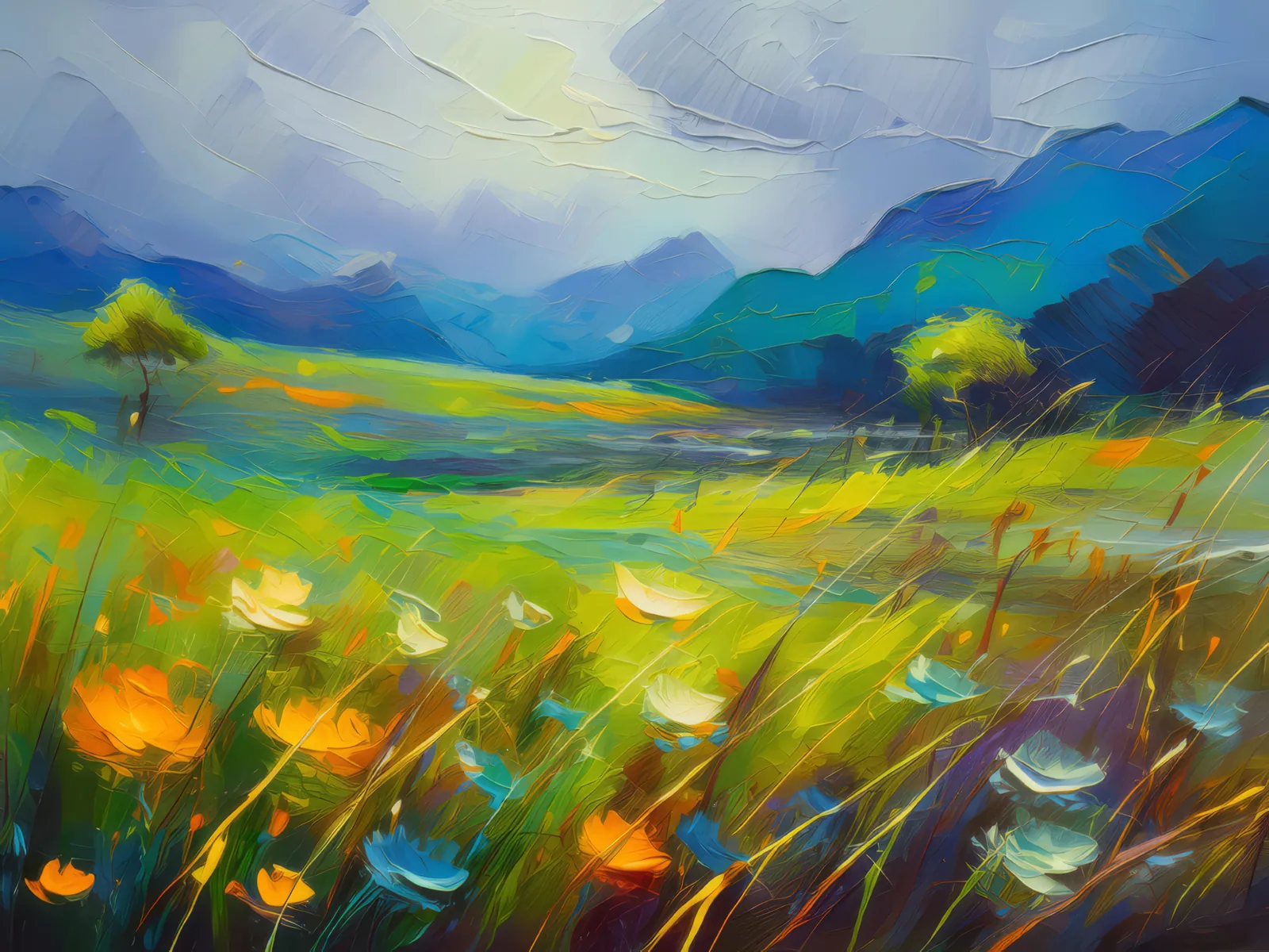 Grassland After the Rain, a palette-knife oil landscape by Emma Mickelberg