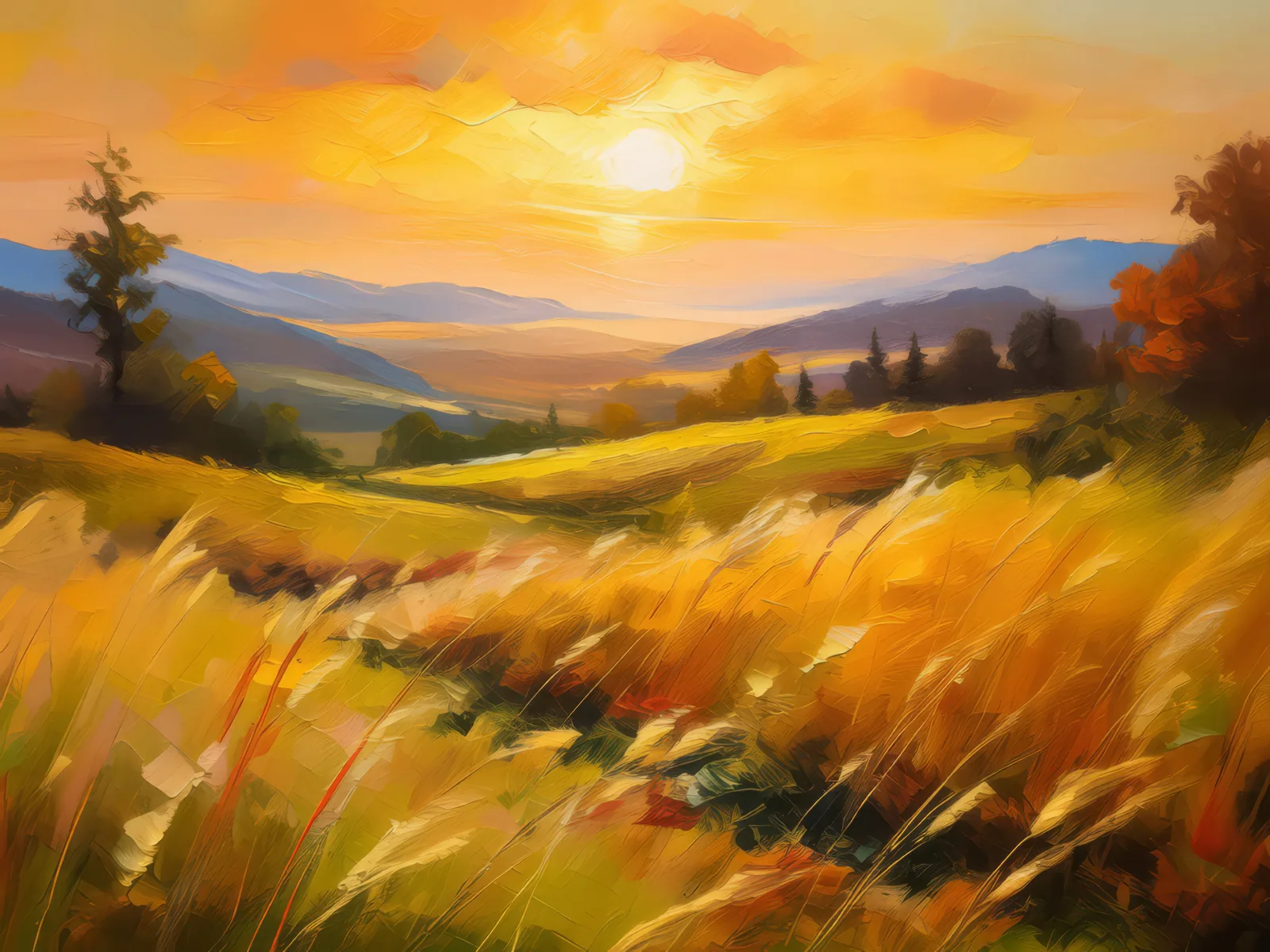 Grassland at Golden Hour, a palette-knife oil landscape by Emma Mickelberg