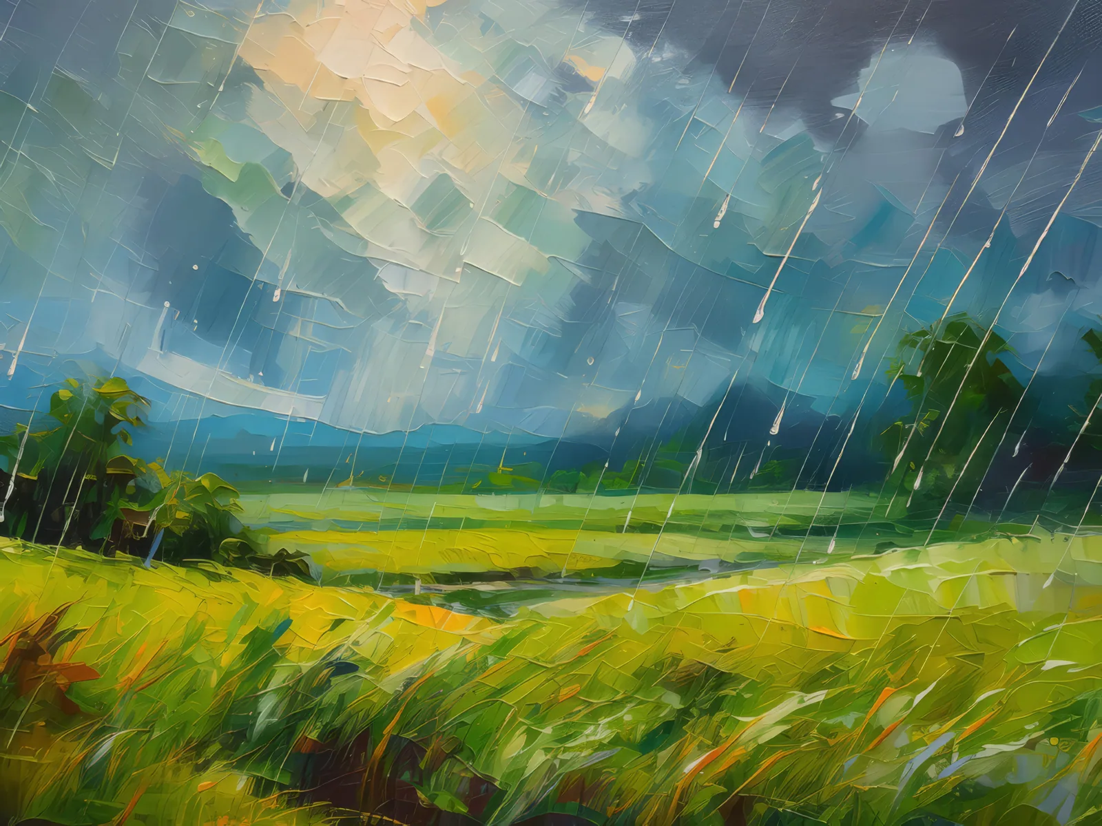 Grassland During Rain Shower, a palette-knife oil landscape by Emma Mickelberg