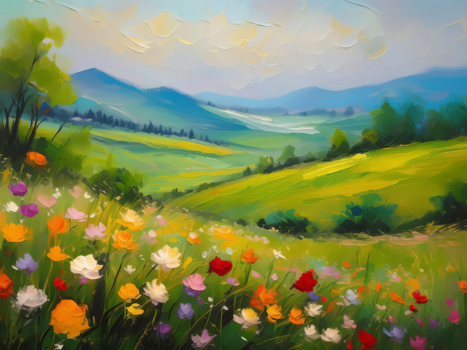 Grassland in Full Bloom, a palette-knife oil landscape by Emma Mickelberg