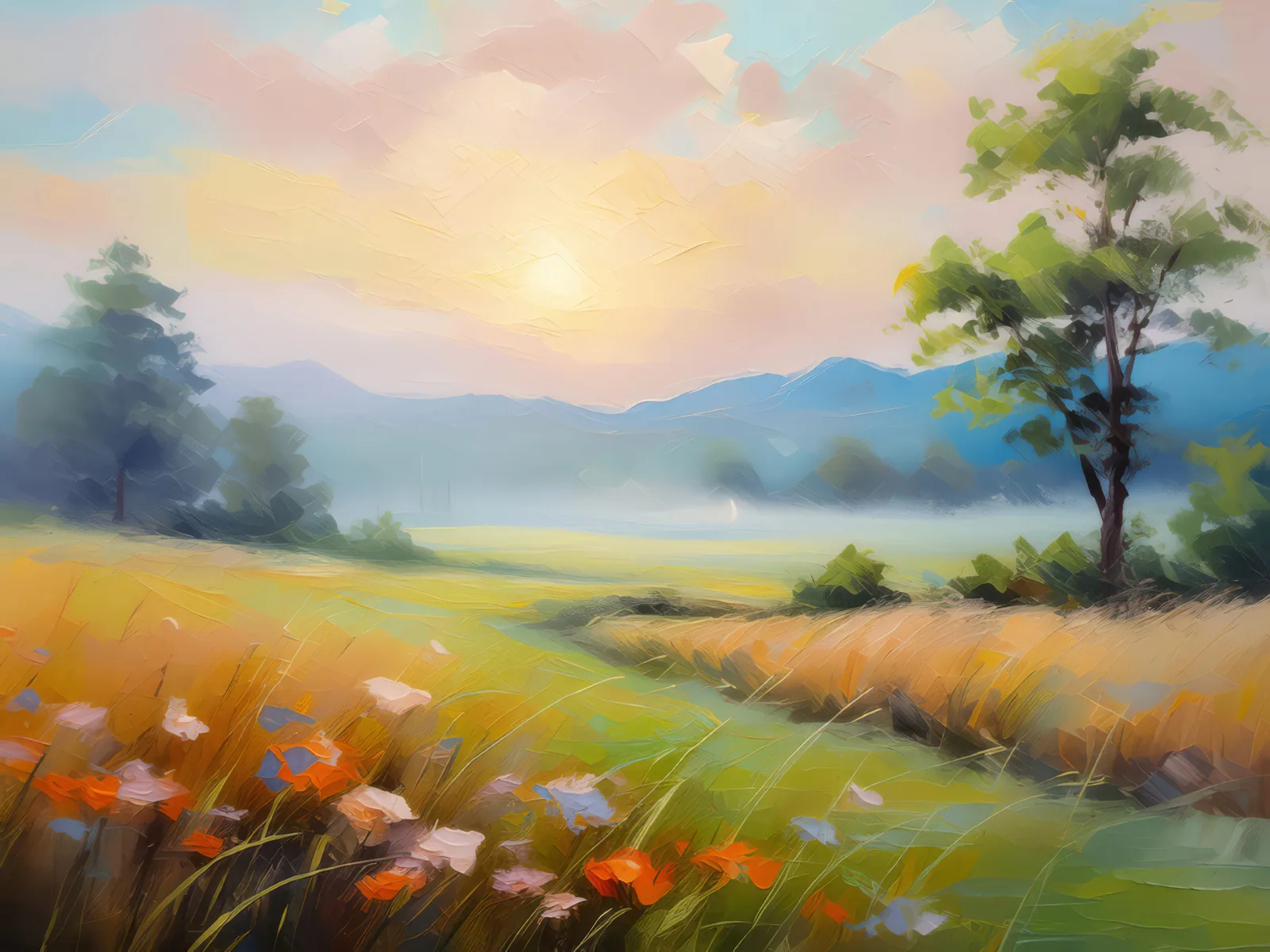 Grassland in the Morning Mist, a palette-knife oil landscape by Emma Mickelberg