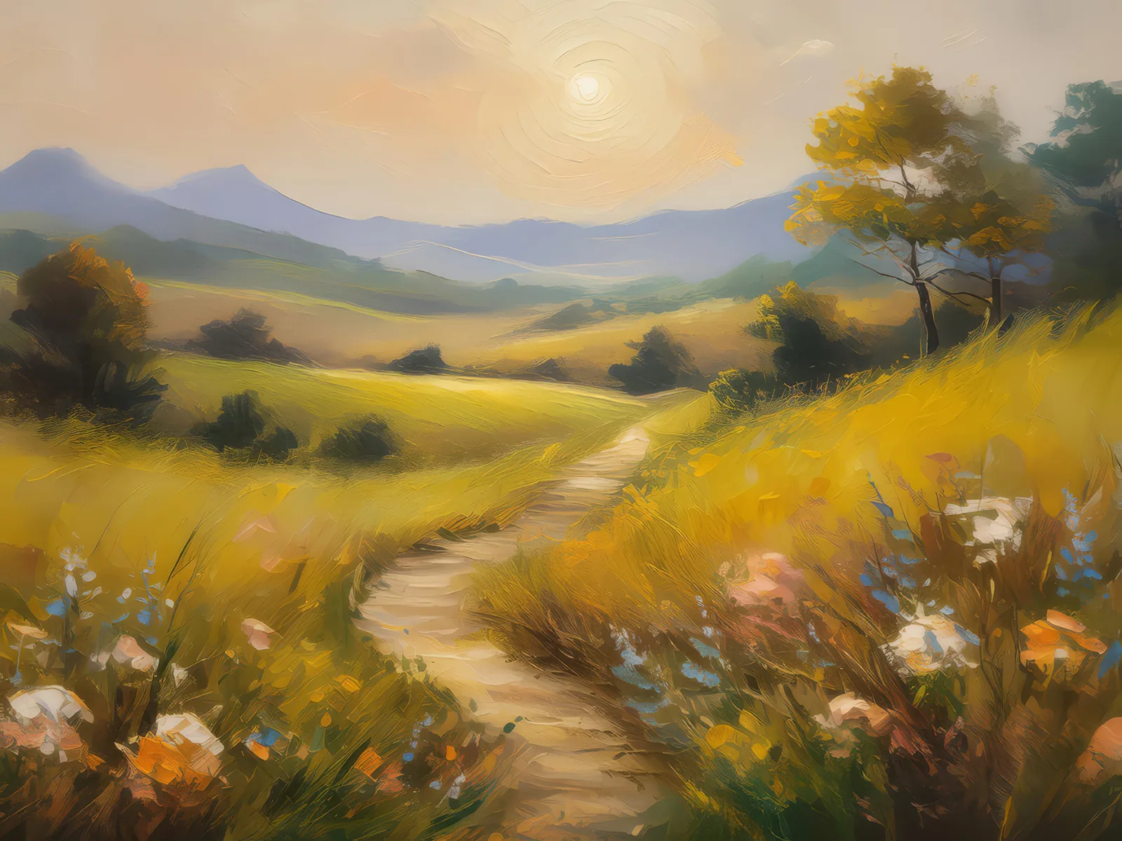 Grassland Pathway, a palette-knife oil landscape by Emma Mickelberg