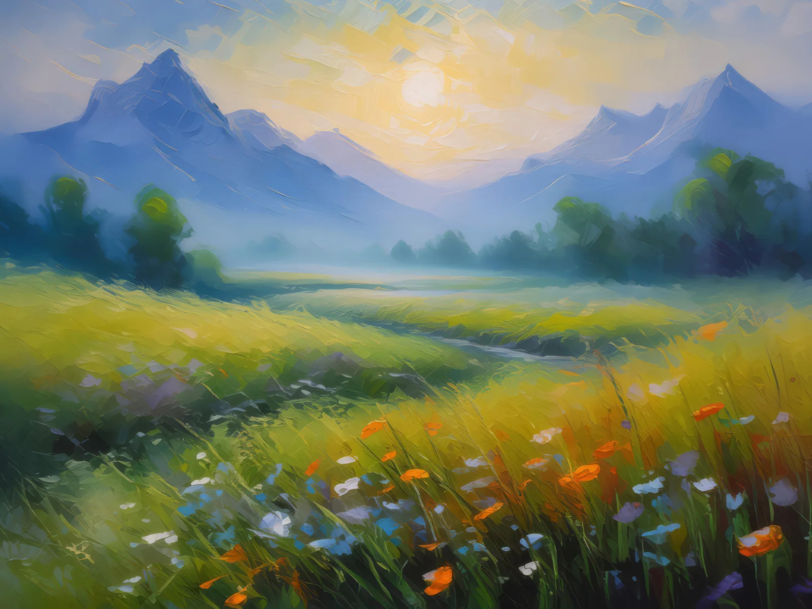 Grassland Shrouded in Mist, a palette-knife oil landscape by Emma Mickelberg