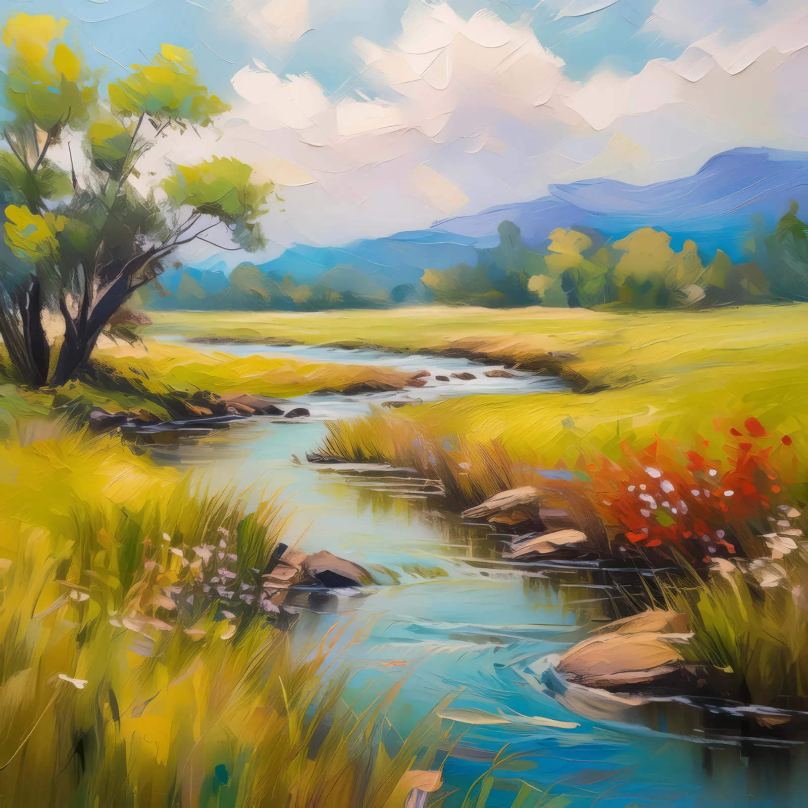 Grassland Stream Serenity, a palette-knife oil landscape by Emma Mickelberg
