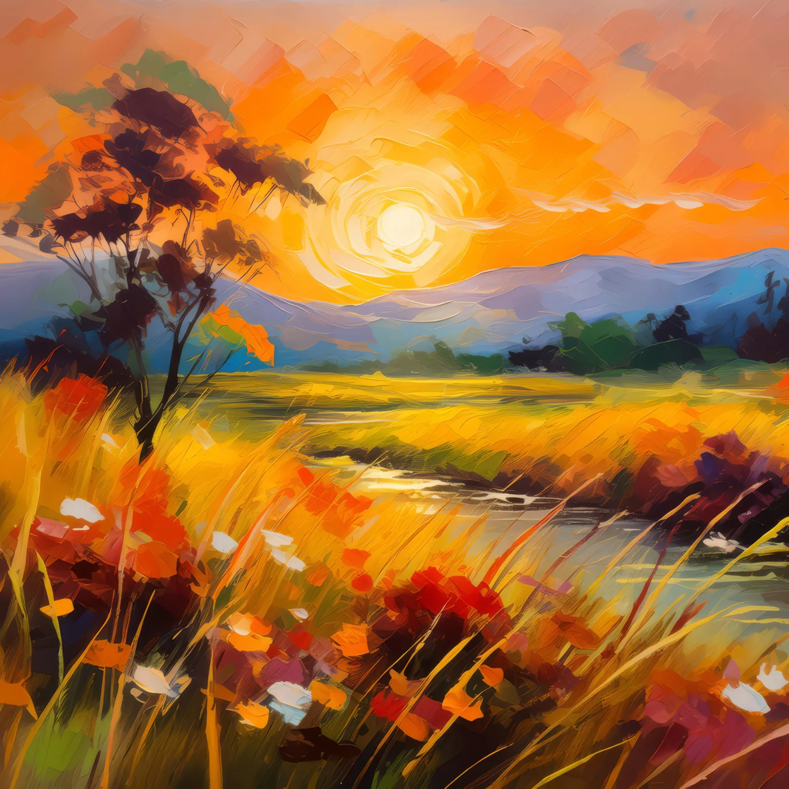 Grassland Sunset Painter, a palette-knife oil landscape by Emma Mickelberg