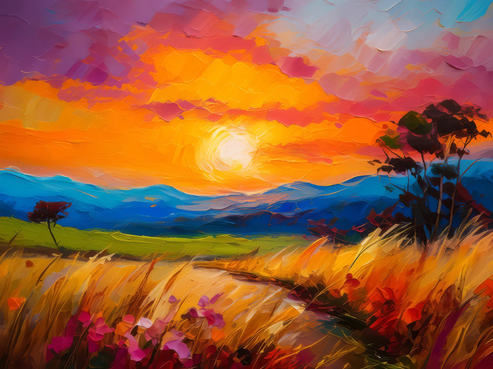 Grassland Sunset Silhouette, a palette-knife oil landscape by Emma Mickelberg