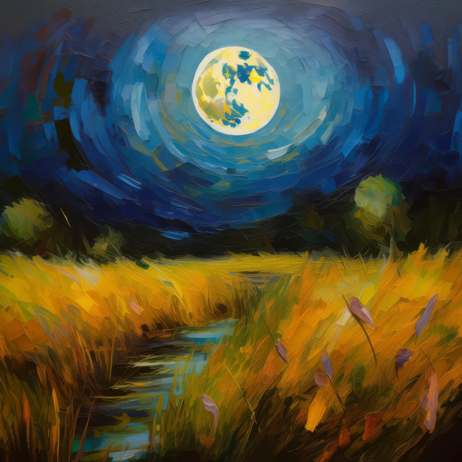 Grassland Under Full Moon, a palette-knife oil landscape by Emma Mickelberg