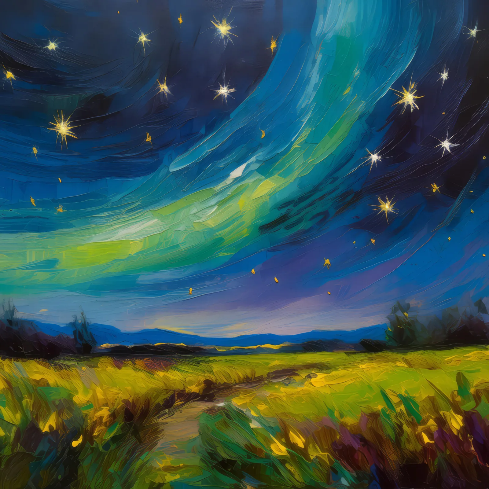 Grassland Under Starry Night, a palette-knife oil landscape by Emma Mickelberg