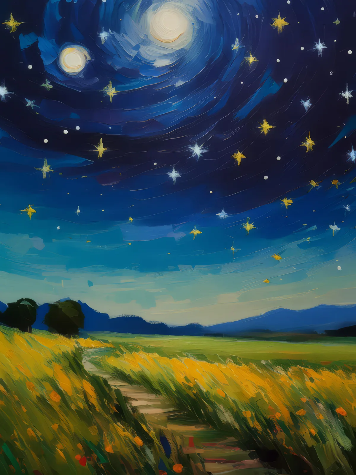 Grassland under Starry Sky, a palette-knife oil landscape by Emma Mickelberg