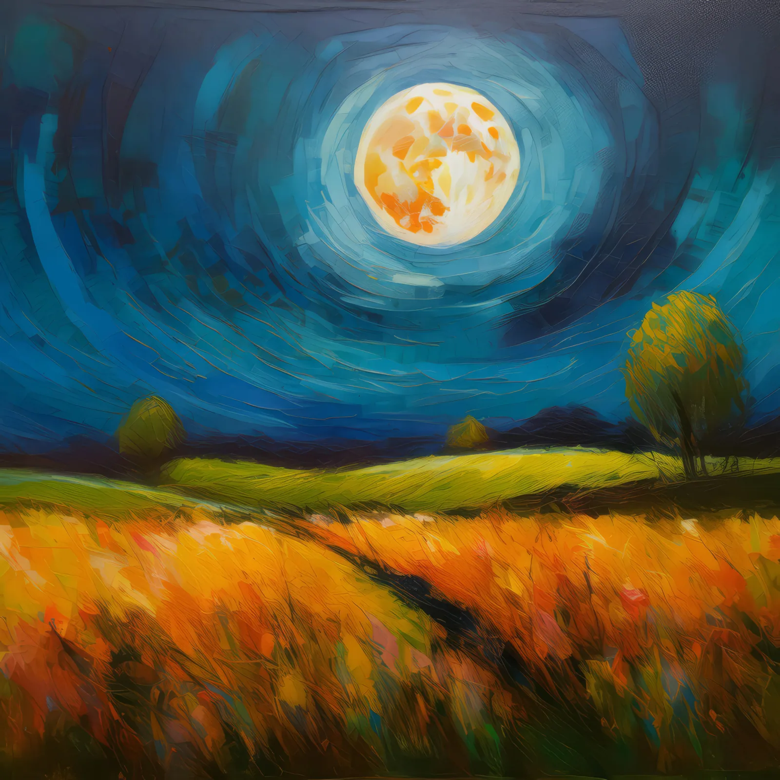 Grassland under the Harvest Moon, a palette-knife oil landscape by Emma Mickelberg