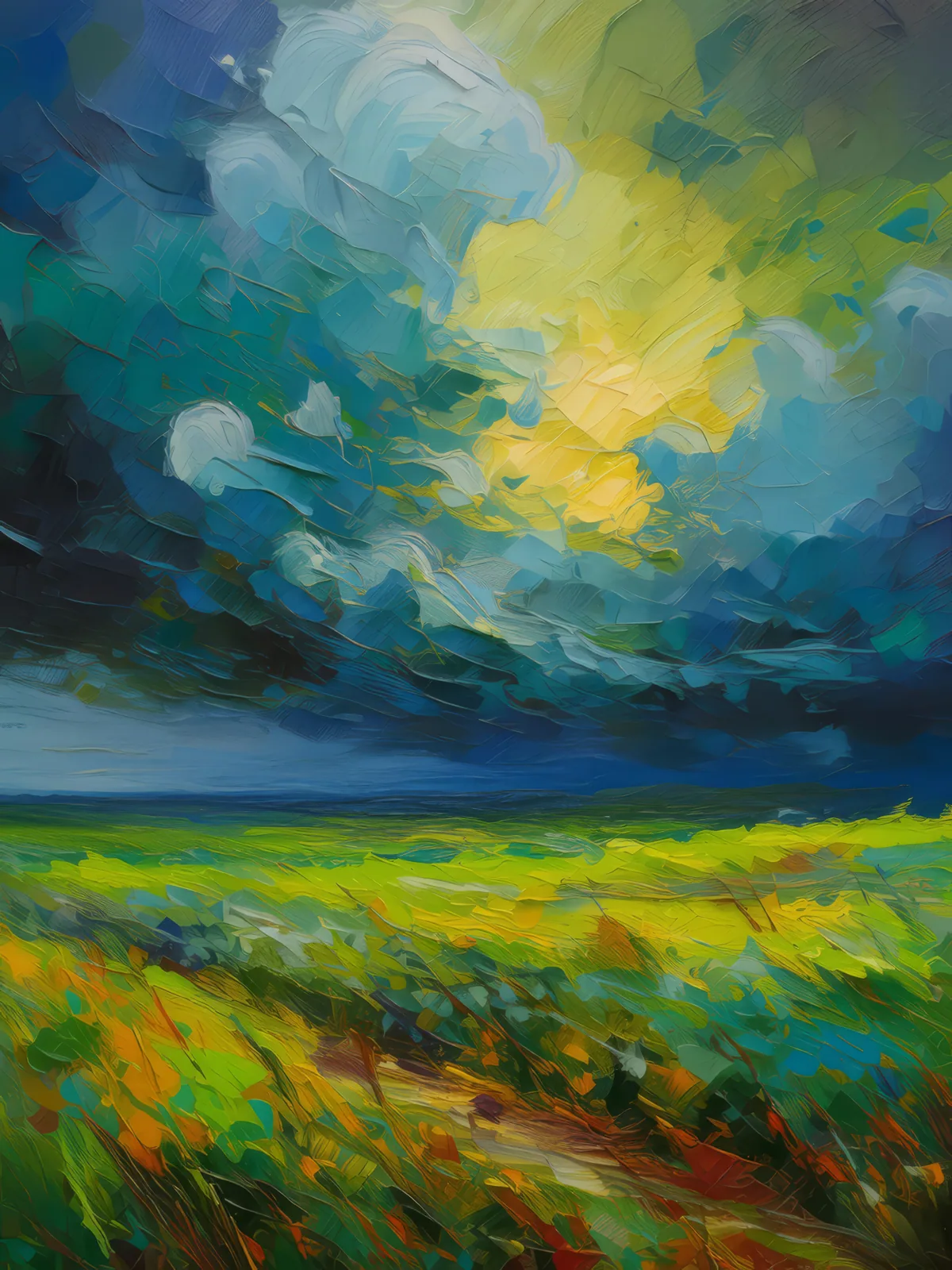 Grassland Under Thunderclouds, a palette-knife oil landscape by Emma Mickelberg