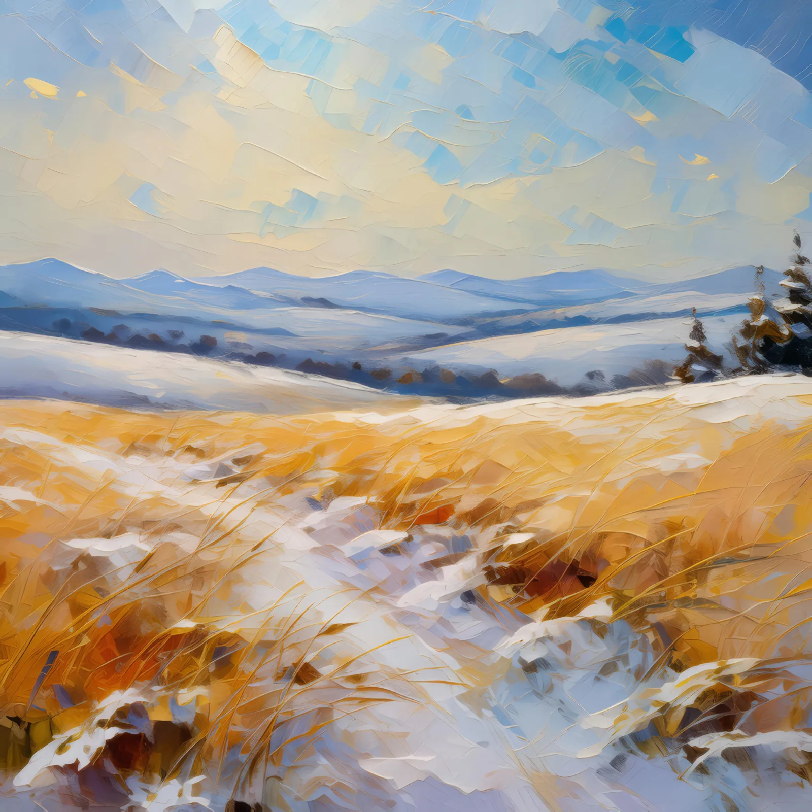 Grassland under Winter Snow, a palette-knife oil landscape by Emma Mickelberg
