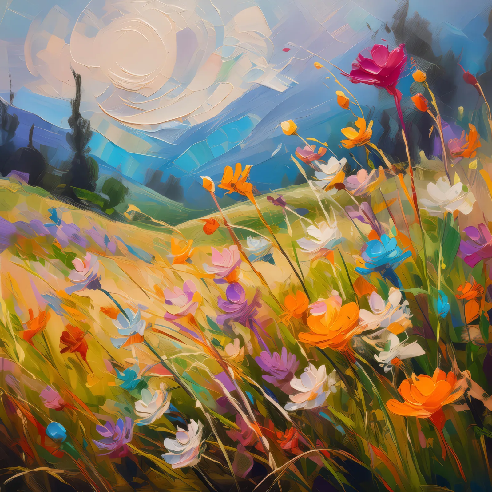 Grassland Wildflower Ballet, a palette-knife oil landscape by Emma Mickelberg