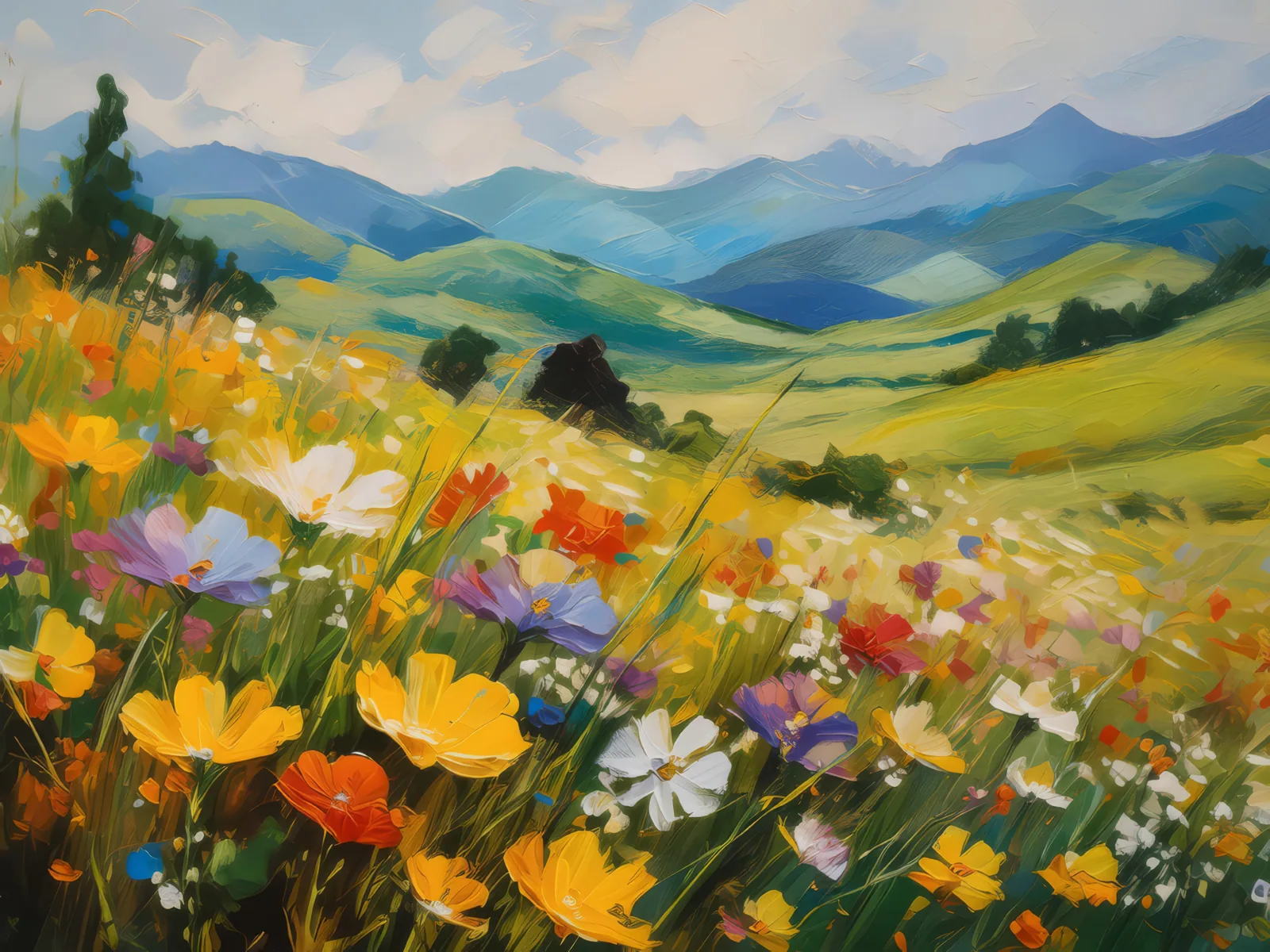 Grassland Wildflower Bloom, a palette-knife oil landscape by Emma Mickelberg