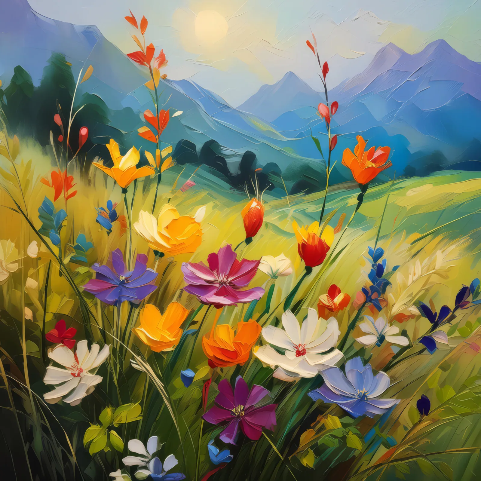 Grassland Wildflower Brush Strokes, a palette-knife oil landscape by Emma Mickelberg