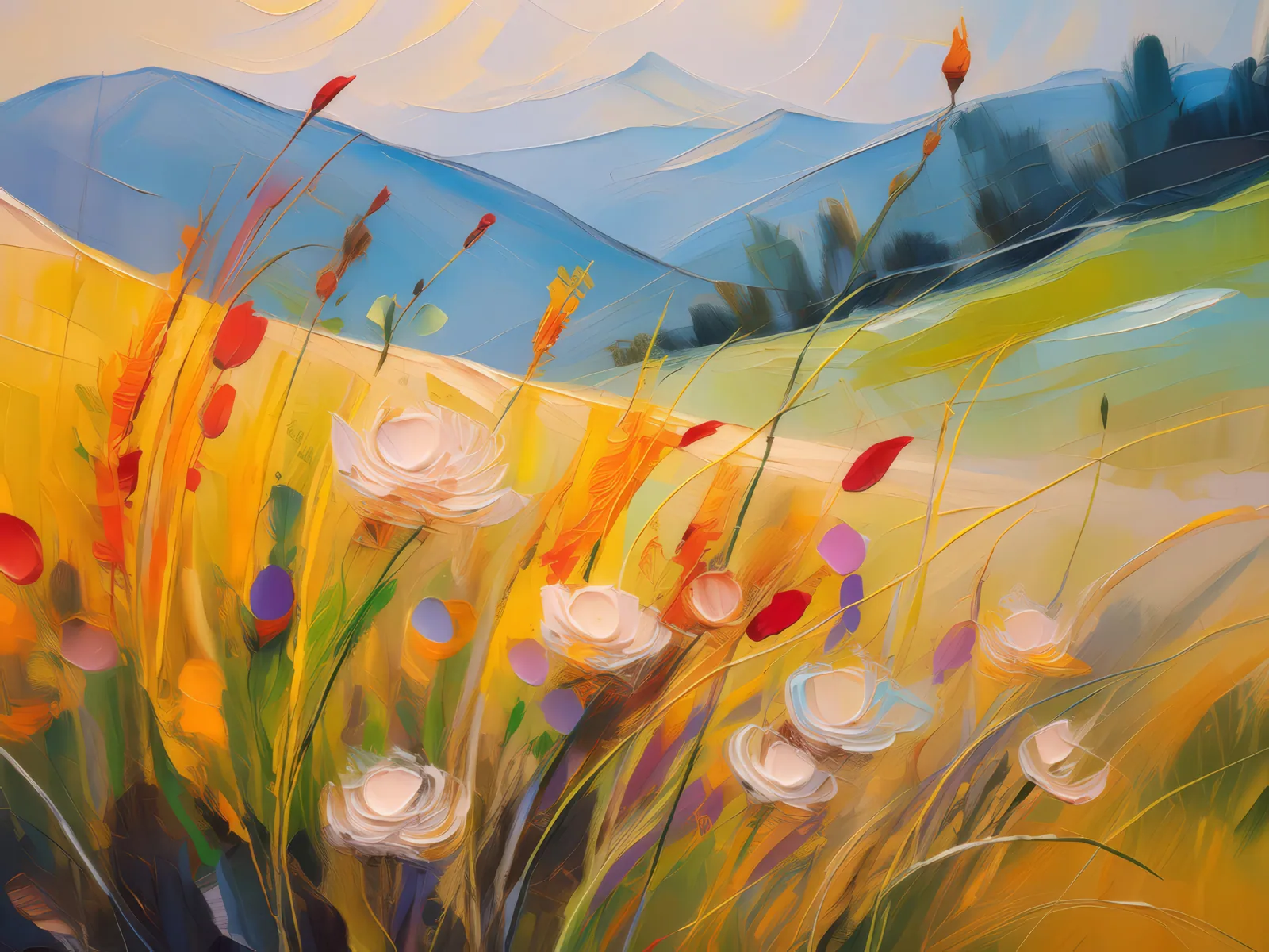 Grassland Wildflower Calligraphy, a palette-knife oil landscape by Emma Mickelberg
