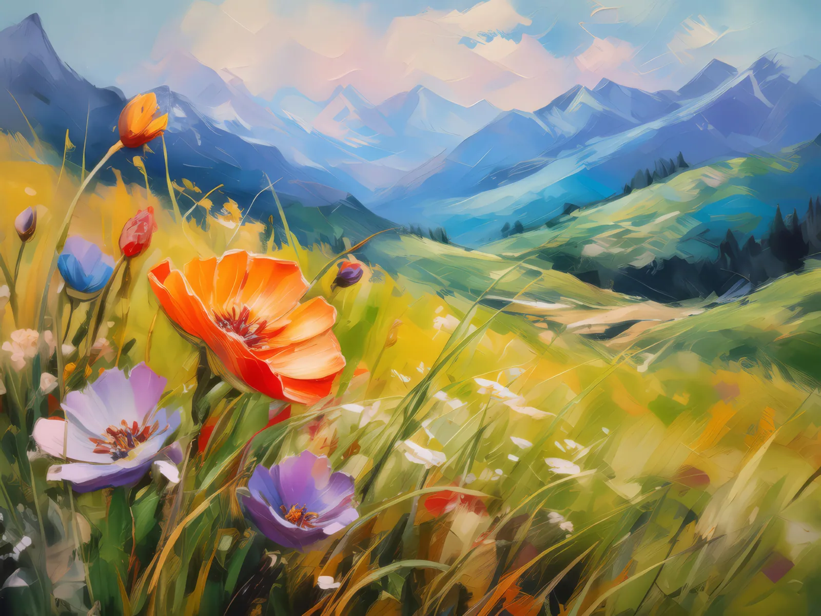 Grassland Wildflower Close-up, a palette-knife oil landscape by Emma Mickelberg