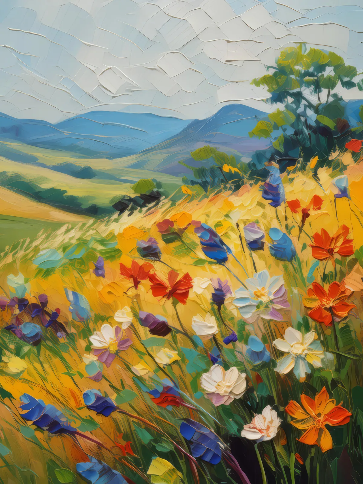 Grassland Wildflower Embroidery, a palette-knife oil landscape by Emma Mickelberg
